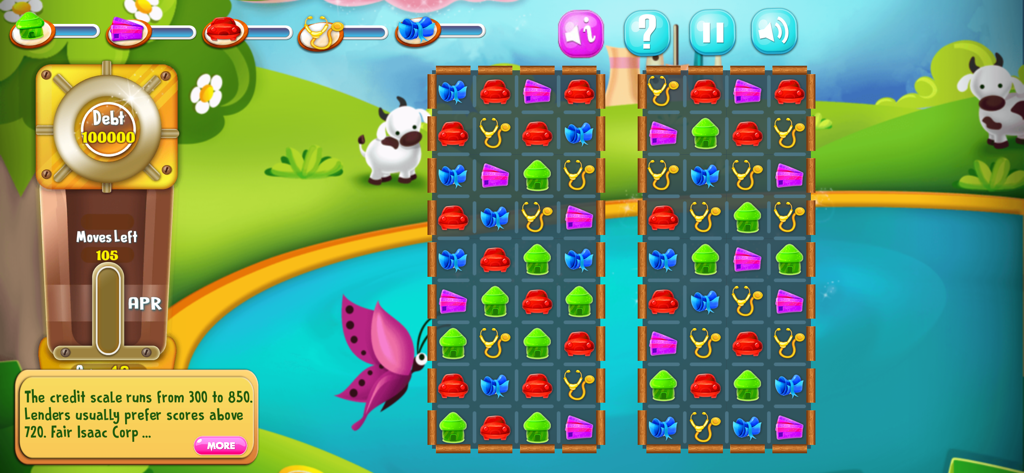 CreditStacker Pro gameplay screen featuring a match three puzzle with financial themes and credit tips