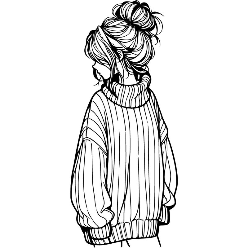 realistic girl with oversized sweater and messy bun