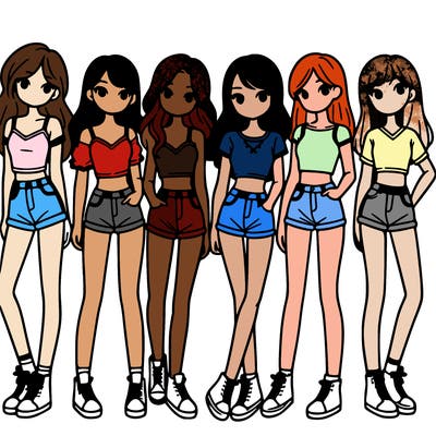 a group of girls wearing crop tops and shorts
