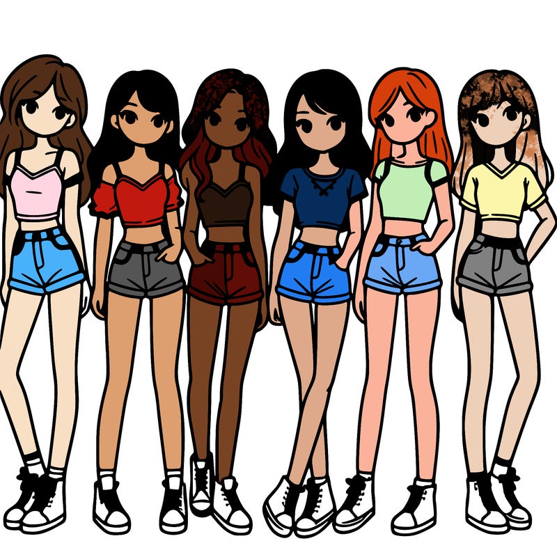 a group of girls wearing crop tops and shorts