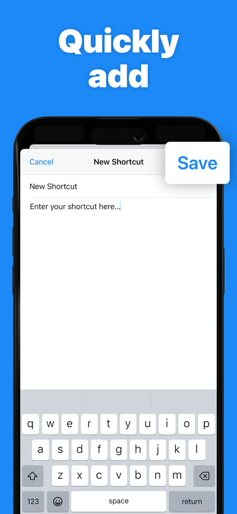 Clipboard Paste Keyboard - Pantalla que muestra cómo añadir rápidamente un nuevo atajo de texto en la aplicación Teclado de Pegado Rápido
