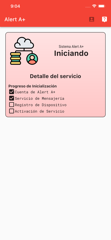 Alert A plus app initialization screen showing service progress checklist