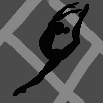gymnast doing a leap in a leotard with a bent back leg