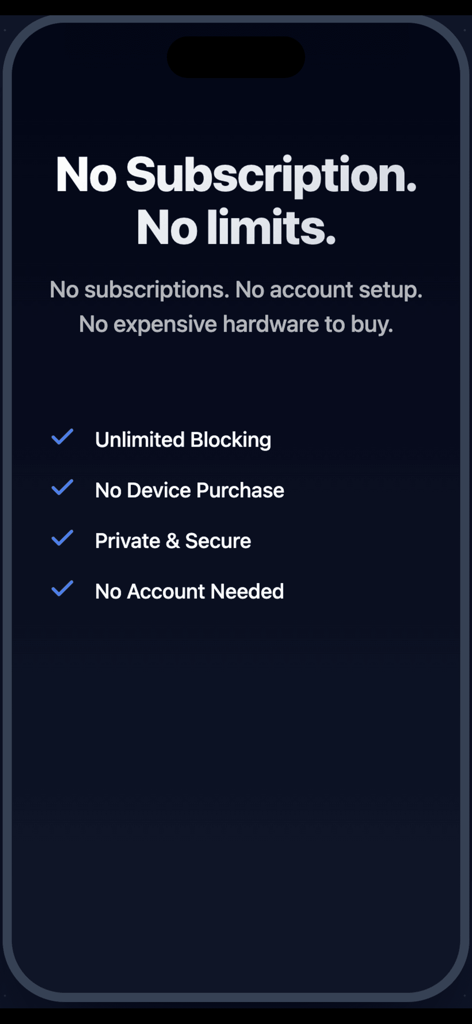 BarBlock: Barcode App Blocker - Lista de características de la aplicación BarBlock que muestra sin suscripción, sin configuración de cuenta y bloqueo privado y seguro.