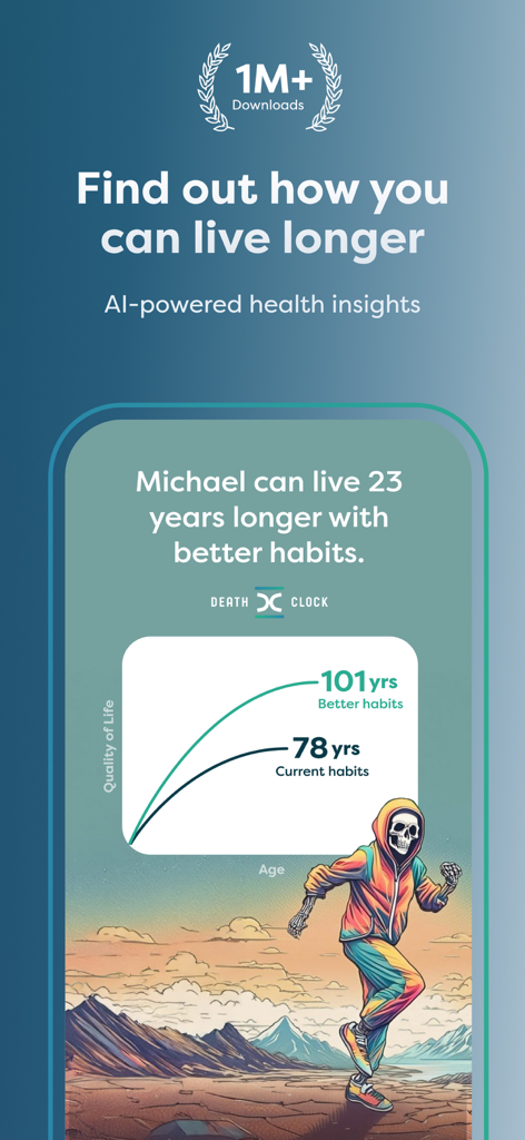Death Clock: AI Health - 현재 습관과 더 나은 습관을 비교한 기대 수명 그래프를 보여주는 데스 클락 앱 인터페이스