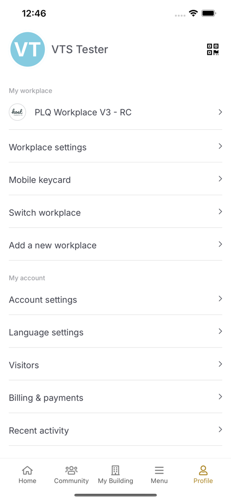 PLQ Workplace V3 - User profile screen of the PLQ Workplace V3 app showing workplace settings and mobile keycard options