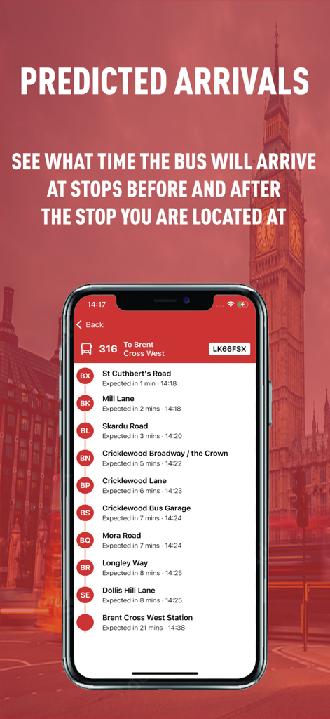 Tela do aplicativo móvel mostrando horários previstos de chegada de ônibus para várias paradas em uma rota de ônibus de Londres.