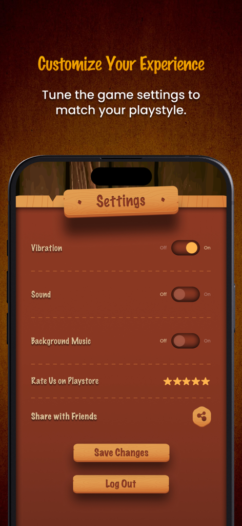 Menú de configuración de Sequence Royale que muestra opciones de alternancia para vibración, sonido y música de fondo.