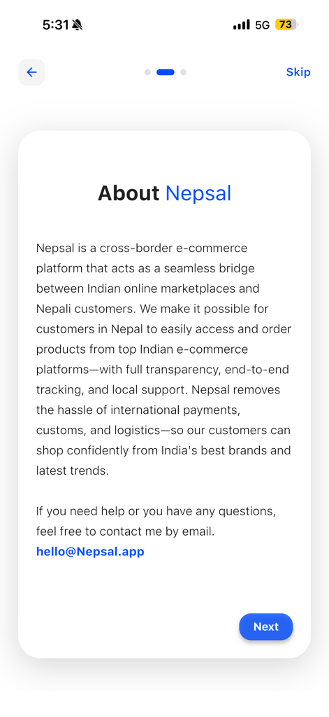 About Nepsal screen explaining its cross-border e-commerce platform bridging Indian markets and Nepali customers