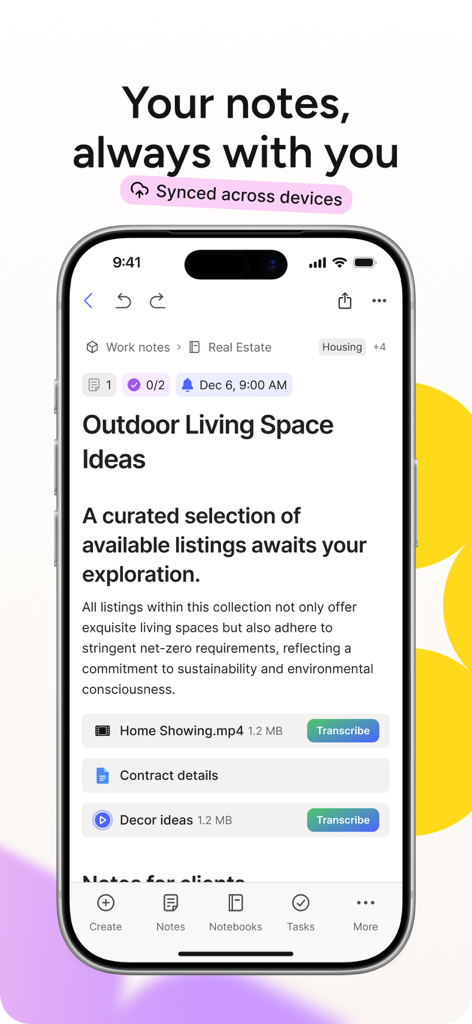 Evernote app on iPhone showing a real estate note with video and document attachments