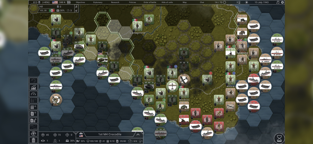 Hex of Steel - A top-down view of a WWII tactical hex grid map showing various military units and naval forces in Hex of Steel.