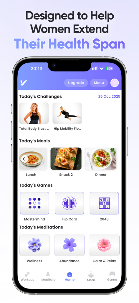 VitaliT by Fabulous50s - Dashboard dell'app VitaliT che mostra sfide di fitness quotidiane, pasti sani, giochi di allenamento cerebrale e routine di meditazione per donne.