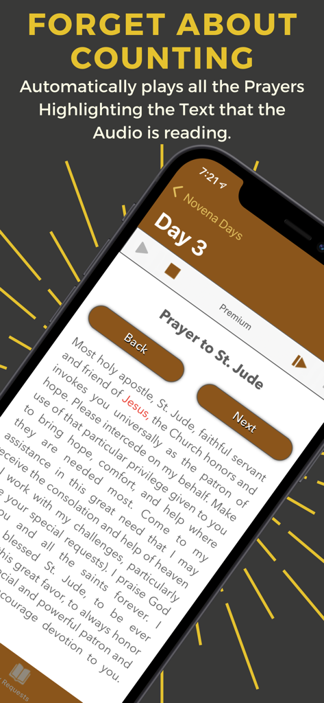 Saint Jude Thaddeus app interface displaying the Novena prayer for Day 3 with audio player and text highlighting