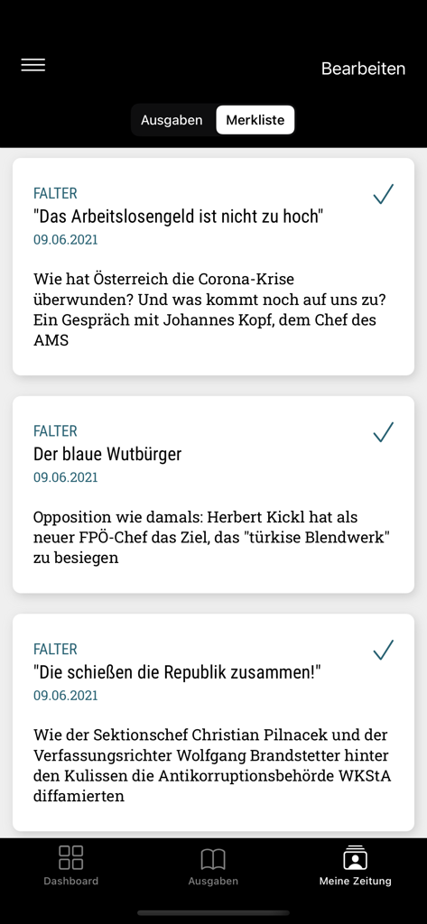 FALTER - Interface de smartphone do aplicativo Falter exibindo uma lista de artigos de notícias marcados