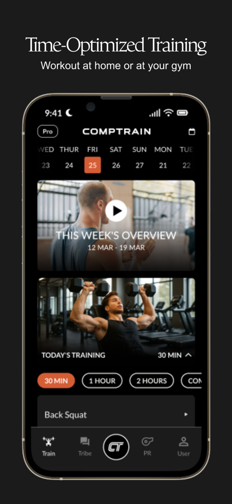 CompTrain - A screenshot of the CompTrain app interface showing options for time-optimized training sessions.