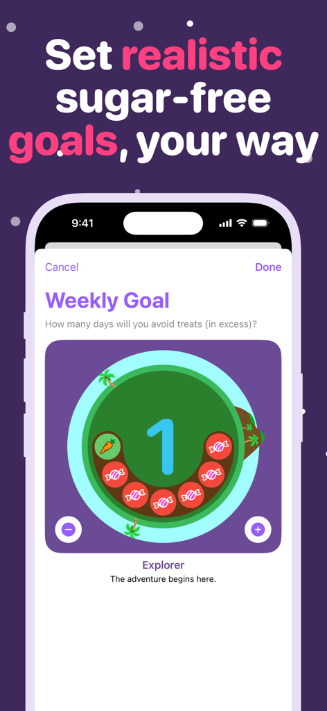 Quit Sugar: No Treat Today - Establecer un objetivo semanal sin azúcar en la aplicación No Treat Today con una interfaz de objetivo circular