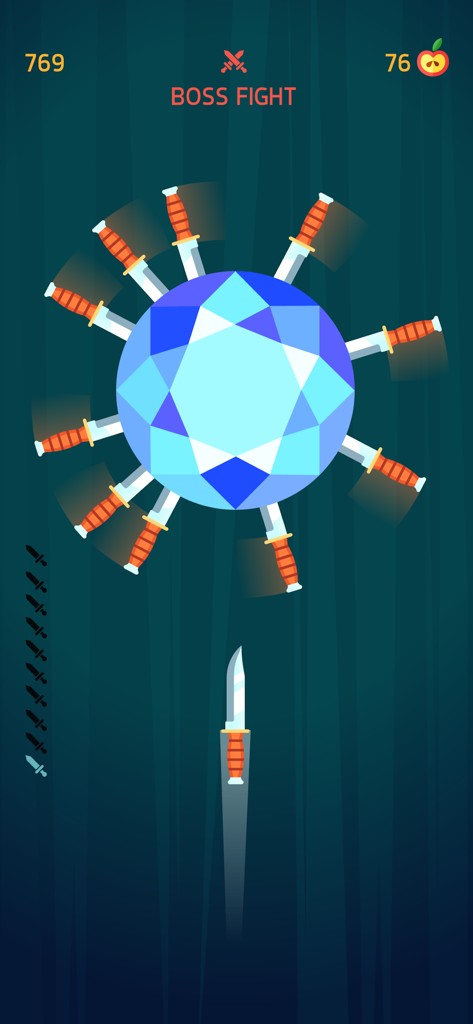 Knife Hit gameplay showing a boss fight against a large blue gem with knives stuck in it