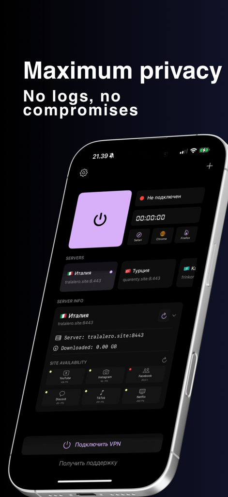 Easy VPN app dashboard showing privacy settings and server availability on iPhone