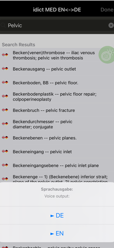 Resultados de búsqueda del diccionario médico de alemán e inglés con menú de salida de voz.