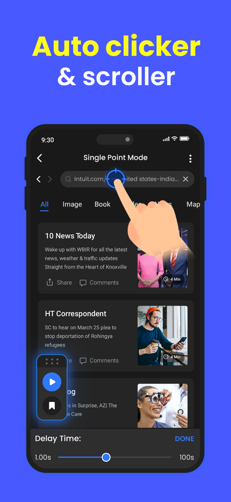 Auto Clicker - Self Clicker - Auto Clicker app interface showing single point mode and delay time settings
