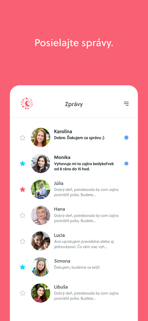 A list of active chat conversations within the Hlidacky mobile app interface.