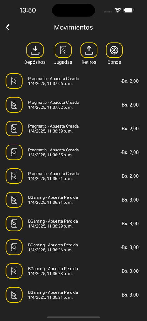 Pantalla del historial de transacciones de la app Raspa y Gana mostrando movimientos recientes de apuestas y depósitos.