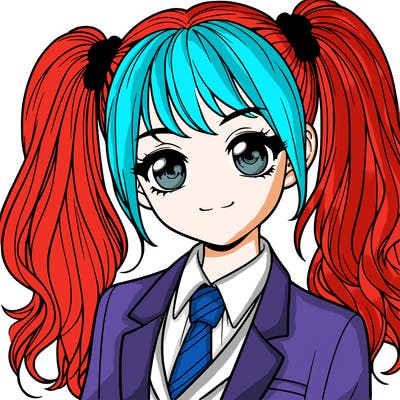 realistic girl with two ponytails and a suit on