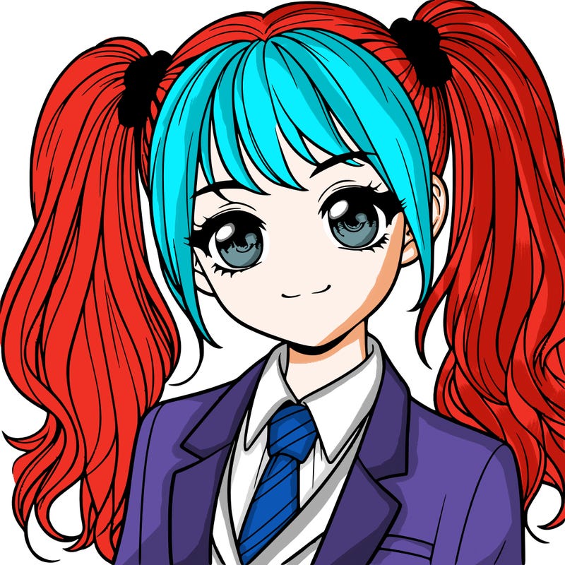 realistic girl with two ponytails and a suit on