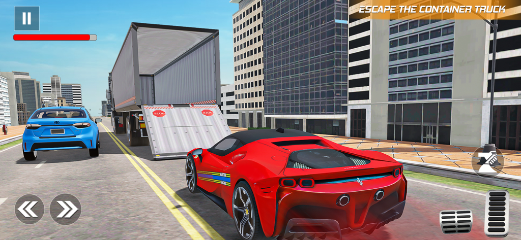 Police Car Games: Police Games - Un coche deportivo rojo a punto de subir una rampa hacia un camión contenedor en movimiento en una calle de la ciudad