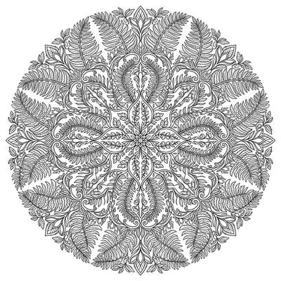 Discover a stunning fern mandala coloring page featuring a highly detailed, symmetrical radial design. This intricate pattern, bursting with delicate fronds and leaf motifs, offers a captivating artistic challenge for all skill levels.