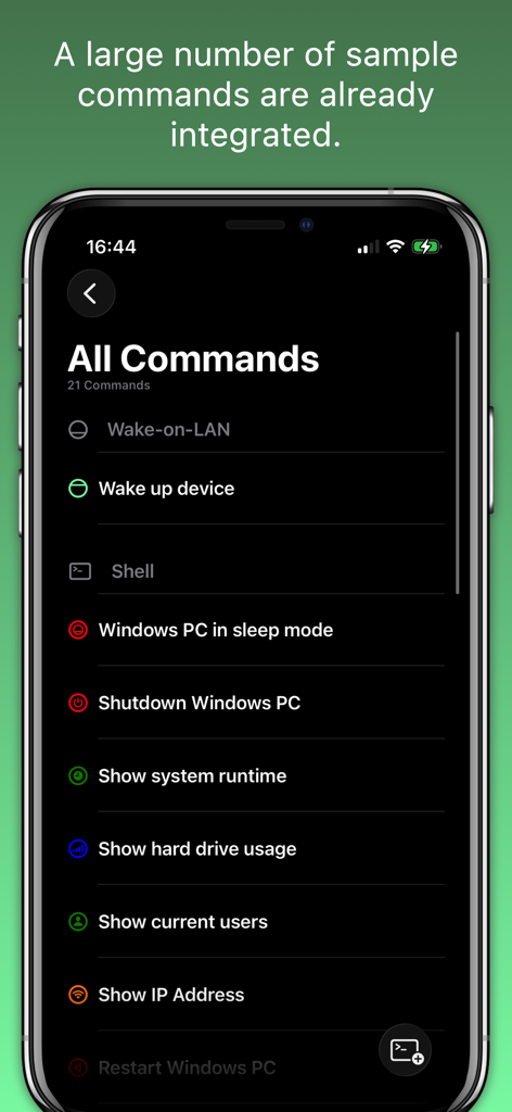 A list of sample commands in the Remote Wake Up Mobile app interface