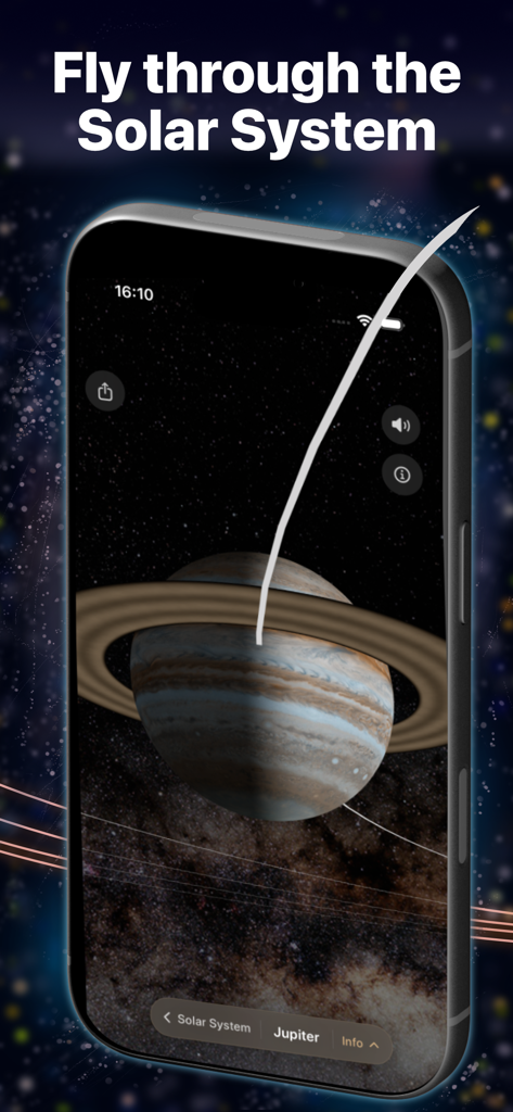 Planetarium 3D - A cinematic 3D view of Jupiter and its rings on a smartphone screen from the Planetarium 3D app