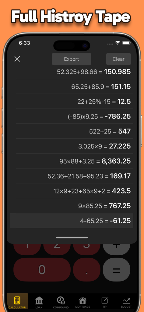 Calculator: No Ads / Ad-Free - Pantalla del iPhone mostrando la función completa de cinta de historial de la aplicación de calculadora con una lista de ecuaciones y resultados pasados