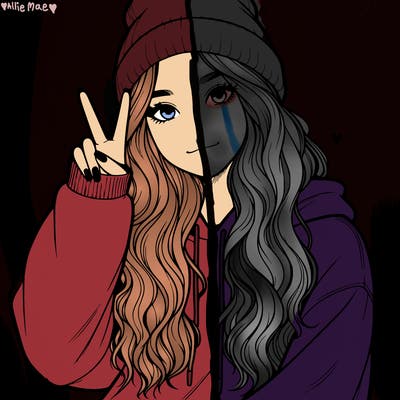 a teenage girl in a beanie, oversized sweatshirt, wavy long hair, and is showing a ✌️