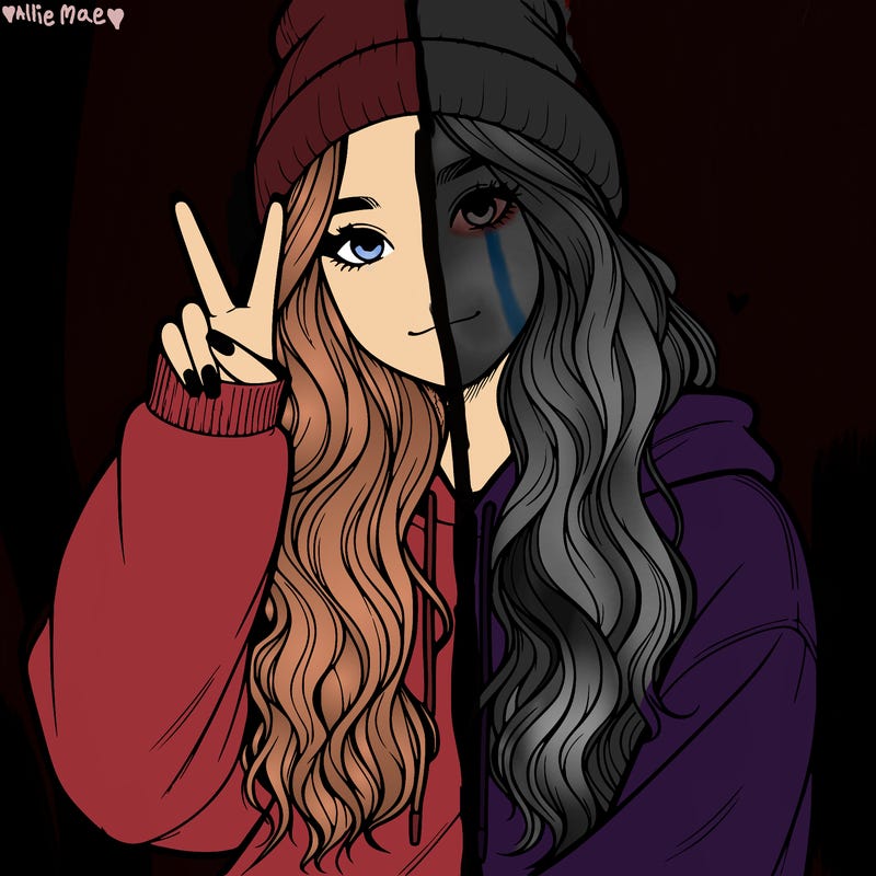 a teenage girl in a beanie, oversized sweatshirt, wavy long hair, and is showing a ✌️