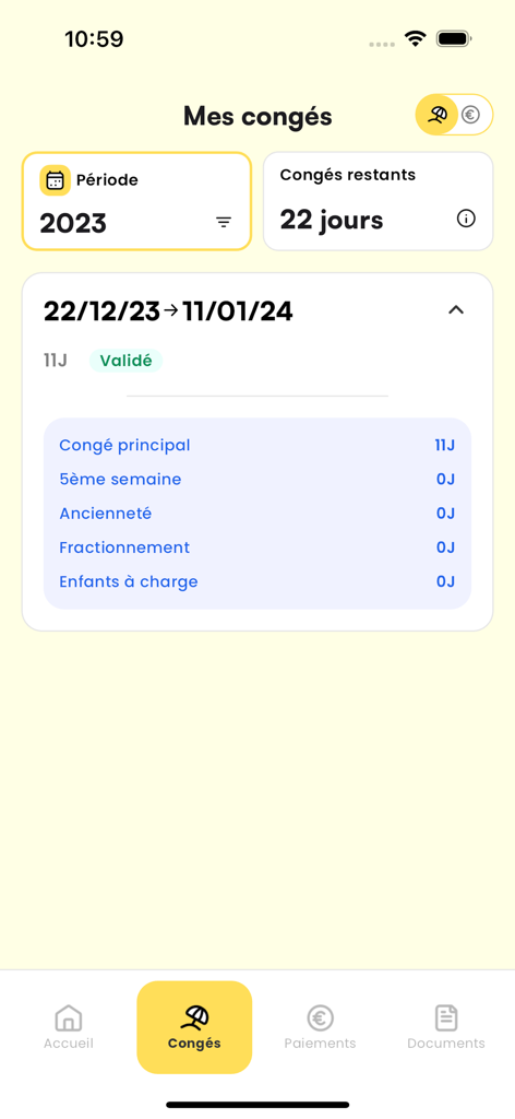 CIBTP and Moi mobile app interface showing remaining paid leave days and vacation history
