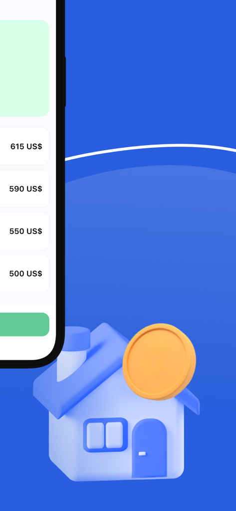 Mobile app interface showing monthly payment amounts in USD next to a 3D house and gold coin icon