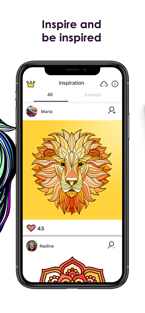 MyColorful - Coloring Book - Mobile screen showing the MyColorful app inspiration page with a colorful lion illustration.