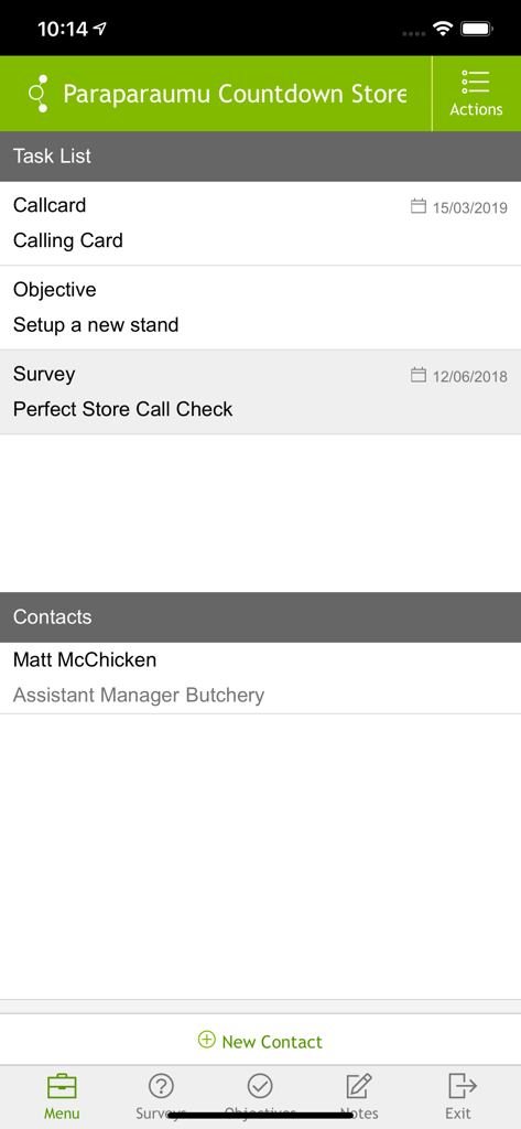 Opmetrix - Interfaccia dell'app Opmetrix che mostra un elenco di attività del negozio che include obiettivi e informazioni di contatto