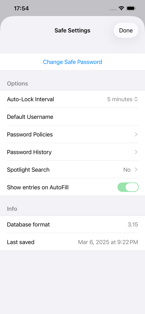 Safe settings screen in the pwSafe 2 app displaying security options and database format details