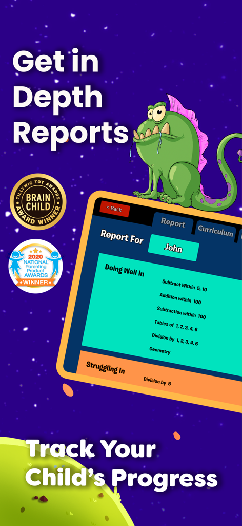 Math Facts Fun Practice Games - Pantalla de informe parental en Monster Math que muestra el progreso del niño y las insignias de premios ganados