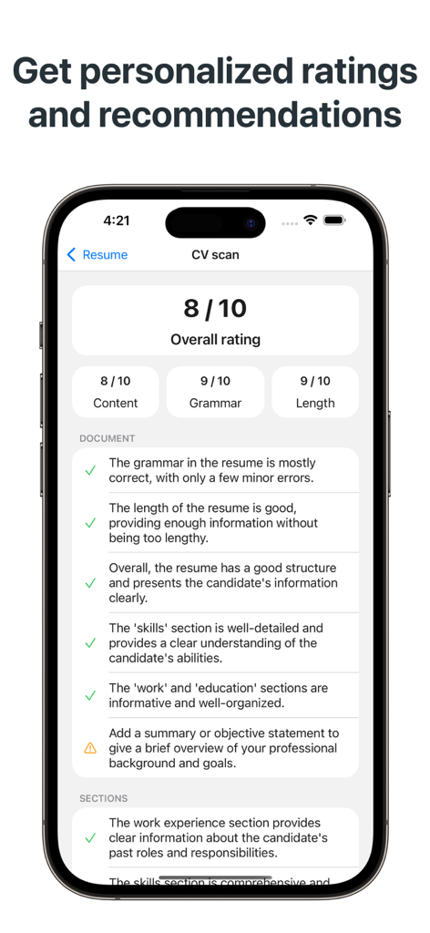 AI resume evaluation screen showing a score of eight out of ten with grammar and content feedback