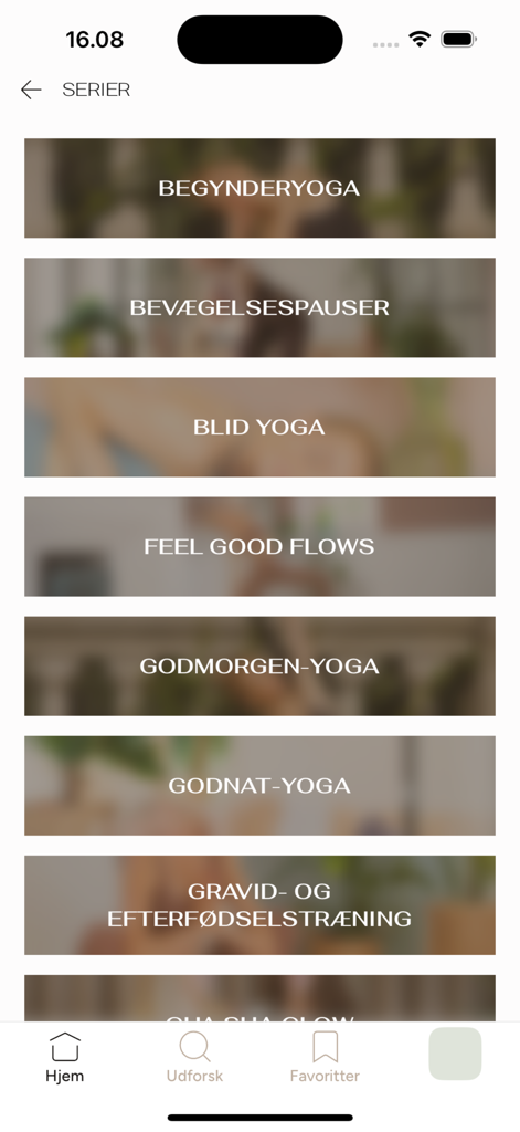 A list of yoga and pilates series categories within the Ro Movement mobile app