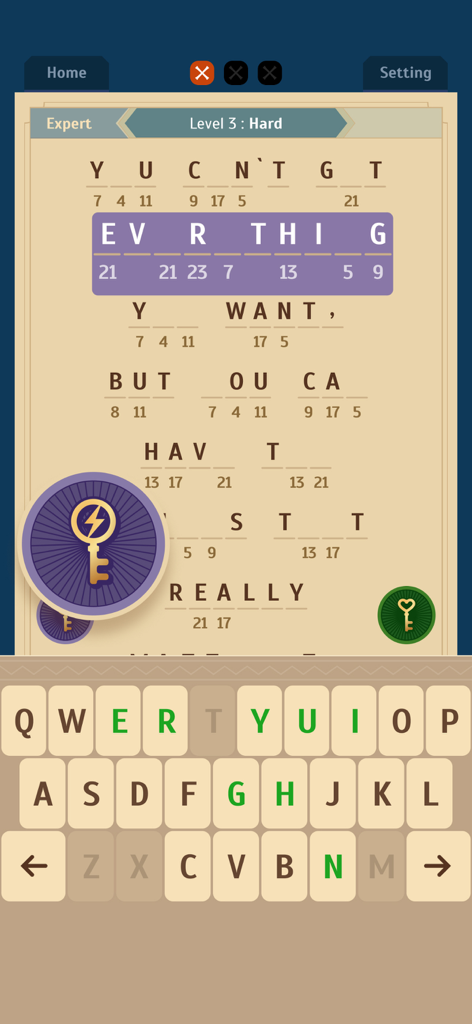 Cryptogram: Word Puzzle Master - A mobile screen showing a cryptogram word puzzle being solved with a letter substitution cipher and a custom keyboard