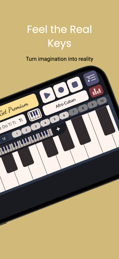 Simple Arranger Keyboard - Una interfaz de teclado de piano digital en la pantalla de un smartphone con controles de acompañamiento y funciones de grabación de música.