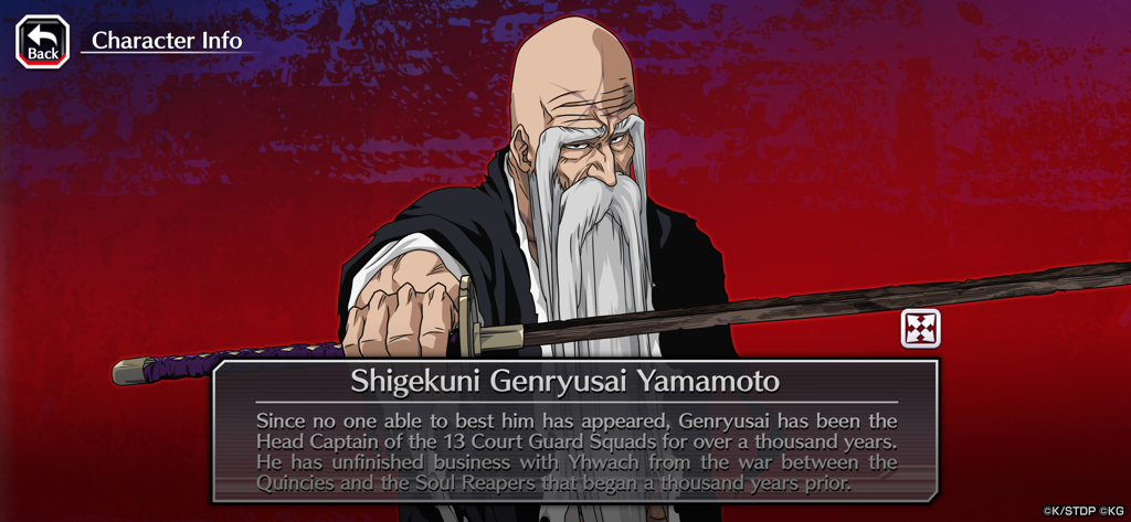 Character info screen for Shigekuni Genryusai Yamamoto in Bleach Brave Souls