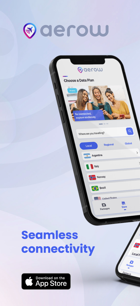 Aerow Travel eSIM - Interface do aplicativo Aerow Travel eSIM mostrando opções de planos de dados internacionais para países como Argentina e Itália.