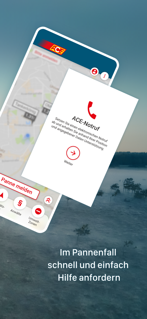 App ACE Auto Club Europa mostrando asistencia de emergencia en carretera e interfaz de mapa