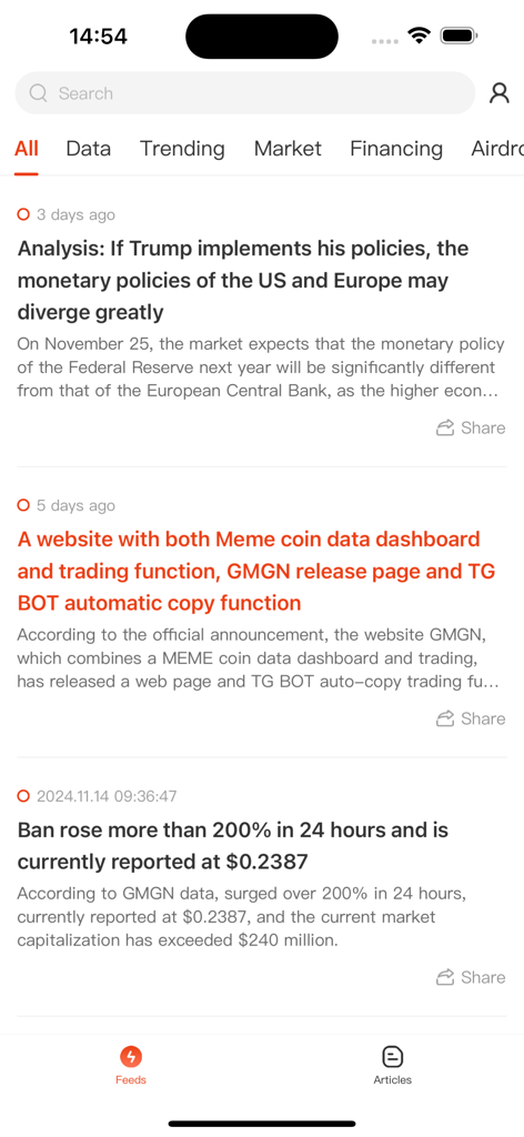 Lookonchain Mobile App-Oberfläche, die einen Feed mit Kryptomarkt-Nachrichten und Artikeln mit Expertenanalysen anzeigt.