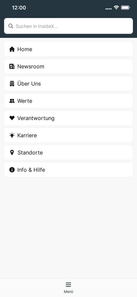 InsideX - Navigation menu of the InsideX mobile app showing sections for Newsroom, About Us, Values, and Careers.